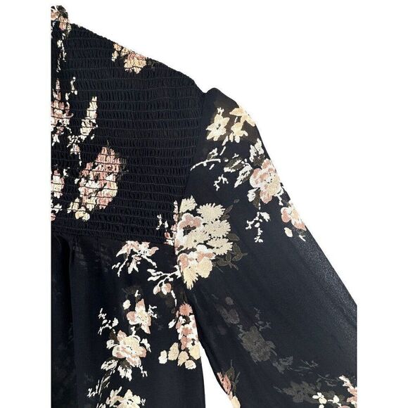 Lucky Brand Semi Sheer Floral Smocked Long Sleeve V-Neck Black Top Sz XS EUC - Picture 3 of 9